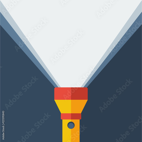 Yellow flashlight in vector flat style on dark background
