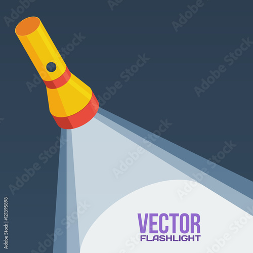 Yellow flashlight in vector flat style on dark background