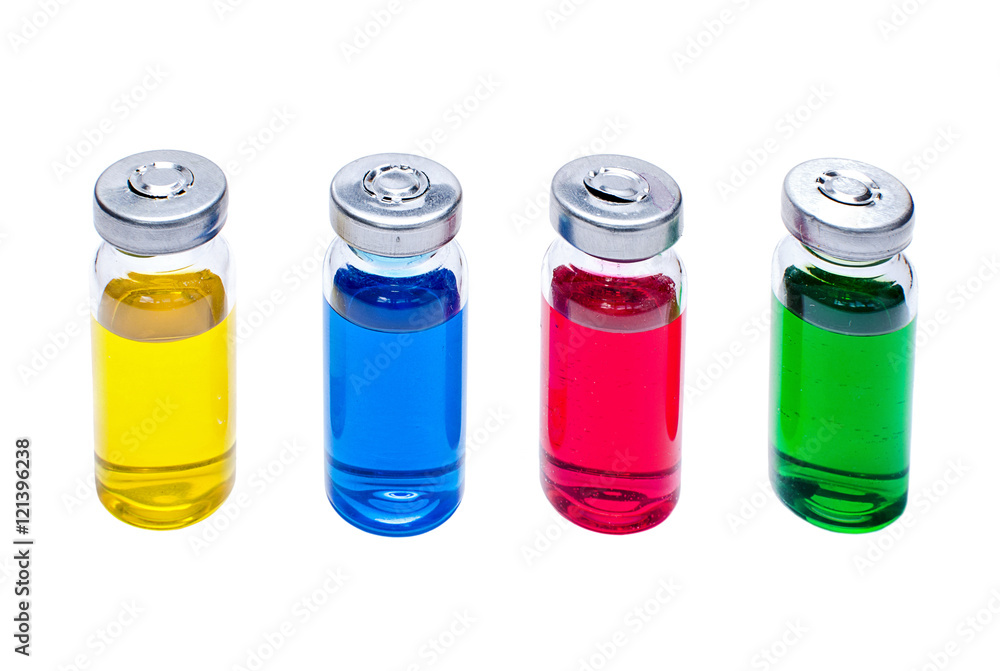 Glass vials with multicolored vaccine Glass vials with multicolored vaccine