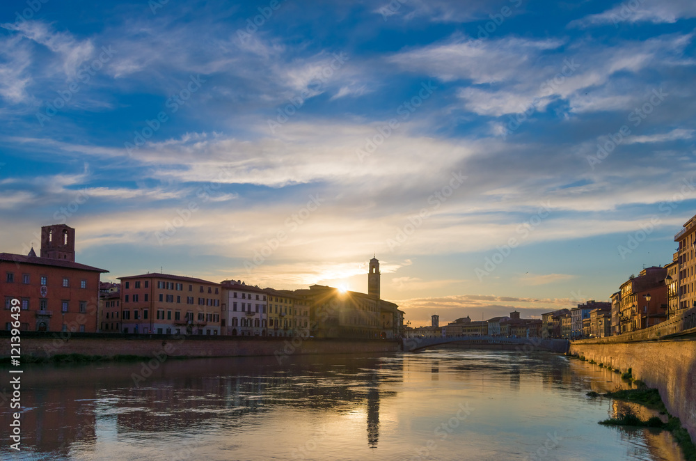 Pisa (Tuscany, Italy), the city of Leaning Tower. Here: the sunset on the Arno river