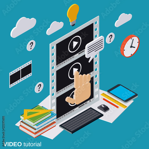 Video tutorial, e-learning, online education, user guide flat isometric vector concept