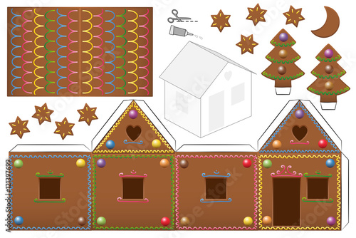 Gingerbread house with sweet candy decor. Print this paper model on heavy paper, cut the pieces out, score and fold them and glue them together.
