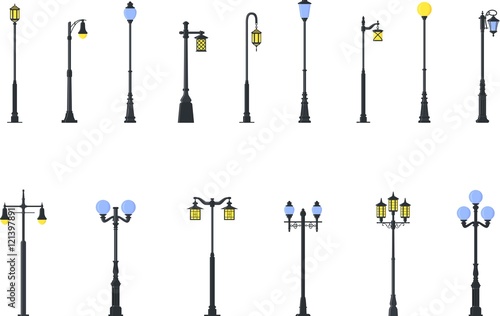 Set of different types of street lamps isolated on white background in flat style. Vector illustration.