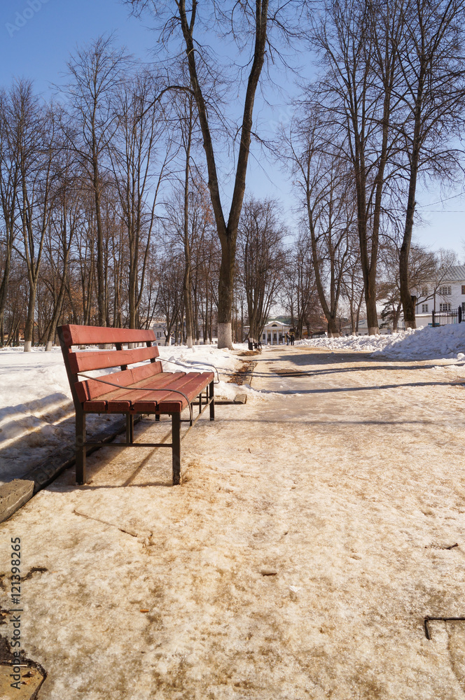 Benches in the winter city park