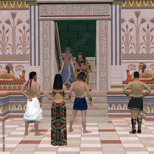 Pharaoh Throne Hall - A group of Egyptian people come to Pharaoh for his advise on affairs in the Old Kingdom. photo