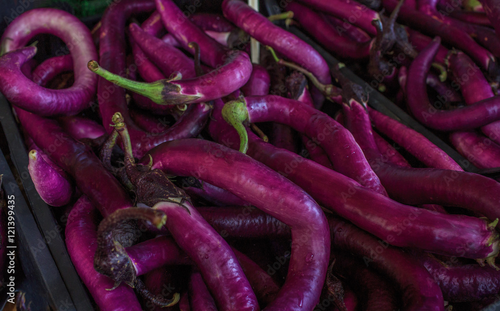 Long purple brinjal or eggplant selling at market. Venice, Italy - september 2016: Rialto fish markets. Close Up, Shallow DOF Long purple brinjal or eggplant selling at market. Venice, Italy - september 2016: Rialto fish markets. Close Up, Shallow DOF