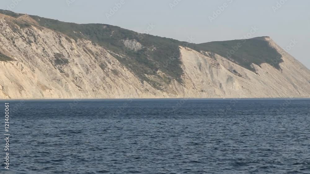 black sea coast. Bald rock mountain. shooting waves boat black sea coast. Bald rock mountain. shooting waves boat