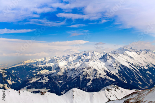 Snowy peaks of the Alps, beautiful panorama view of mountains in Mayerhofen, Austria