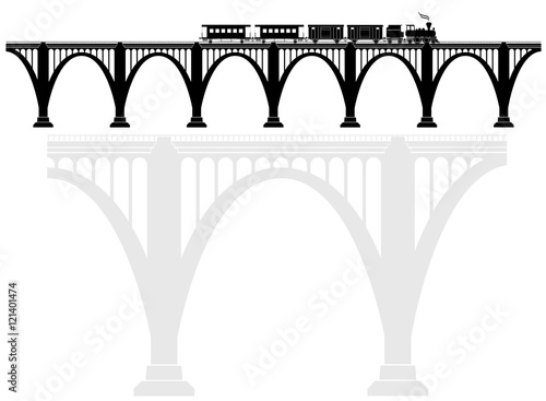 Openwork arch concrete bridge with a steam locomotive. Transport infrastructure. Transportation of passengers. Black and white.