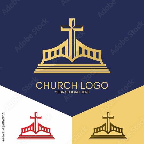 Church logo. Christian symbols. The Bible and the authority of Jesus' cross.