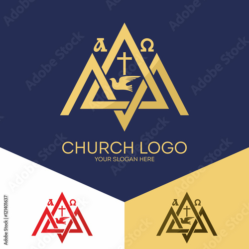 Church logo. Christian symbols. Mount Zion, the alpha and omega, the cross of Jesus Christ.