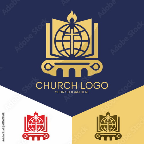 Church logo. Christian symbols. The Bible, the cross of Jesus, salvation of the world from sin.