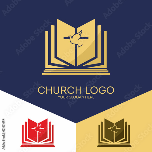 Church logo. Christian symbols. The Bible, the cross of Jesus, the Holy Spirit.