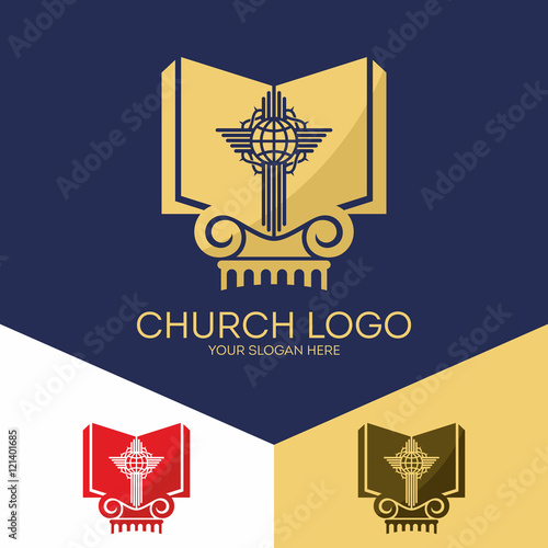 Church logo. Christian symbols. The Bible, the cross of Jesus, salvation of the world.