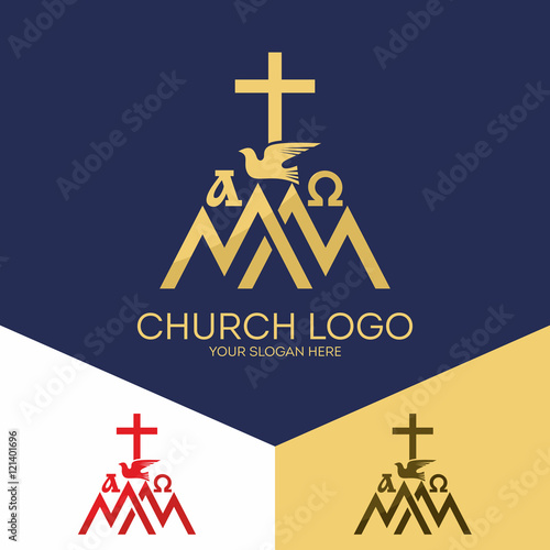 Church logo. Christian symbols. Mount Zion, the alpha and omega, the cross of Jesus Christ.