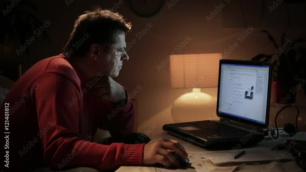 man working late on a laptop in his home office man working late on a laptop in his home office