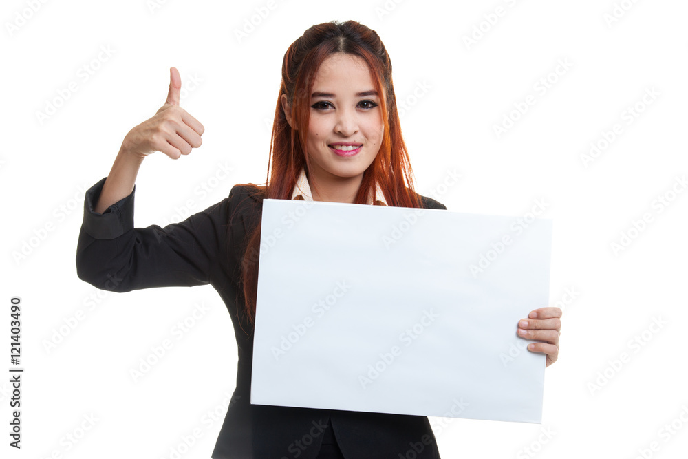 Young Asian business woman show thumbs up with white blank sign Young Asian business woman show thumbs up with white blank sign