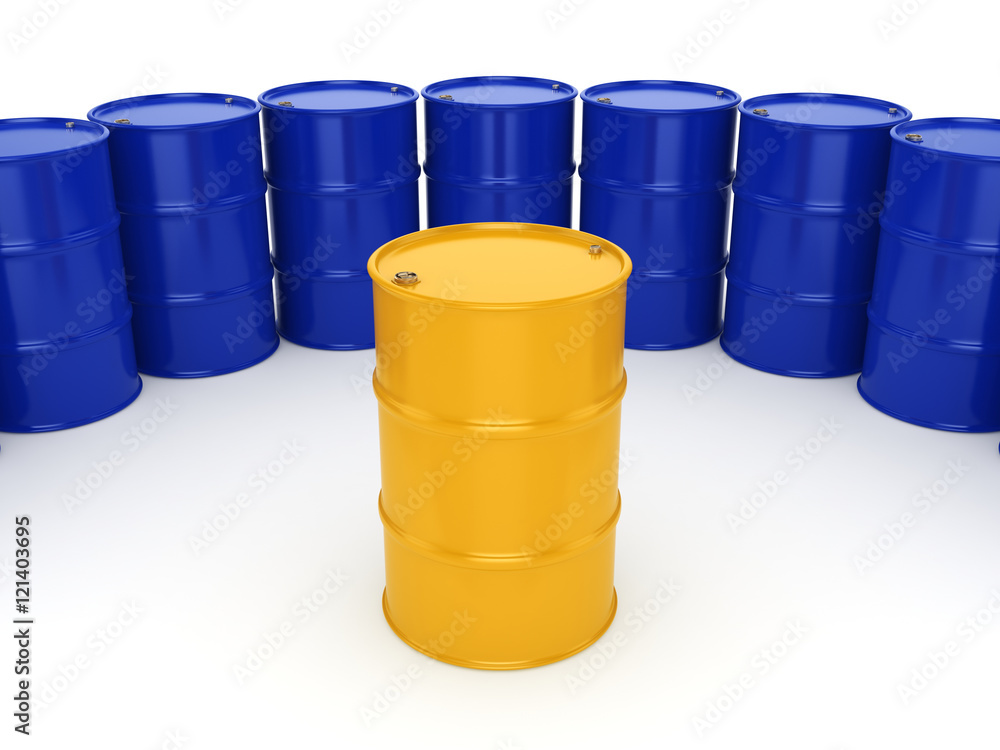 3D rendering blue and yellow barrels 3D rendering blue and yellow barrels