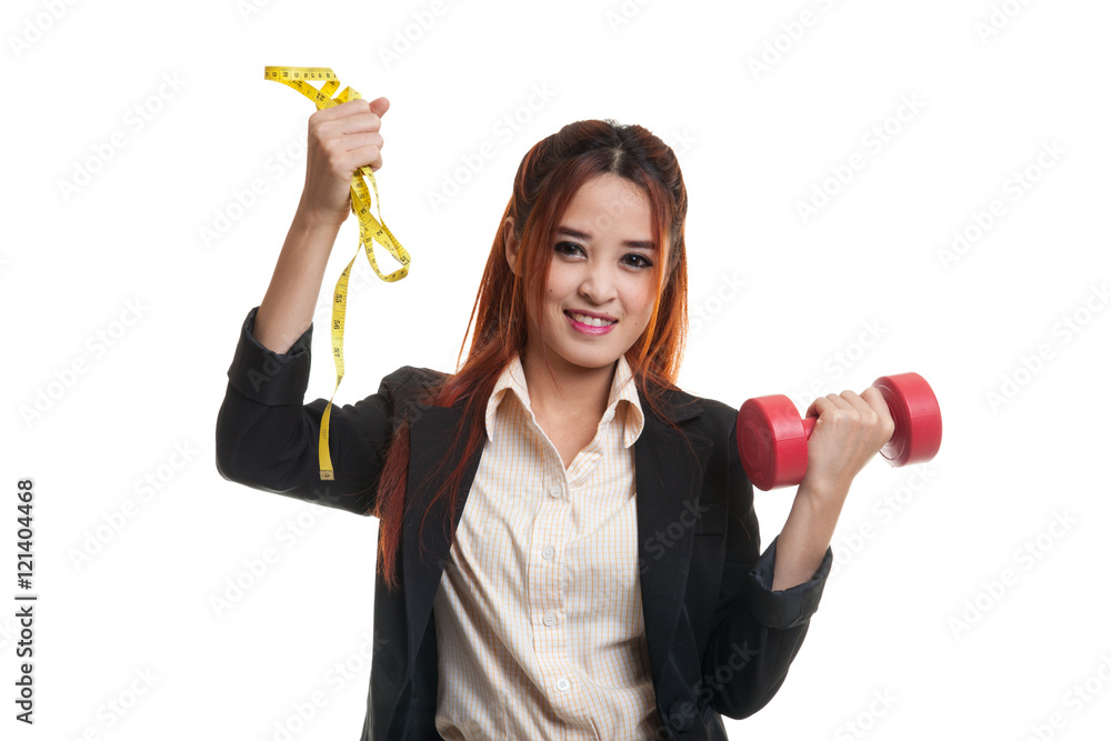 Healthy Asian business woman with dumbbells and measuring tape. Healthy Asian business woman with dumbbells and measuring tape.