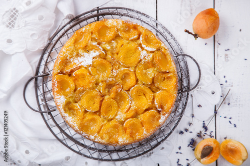 Pie with apricots.Homemade cakes,with lavender on a white background.