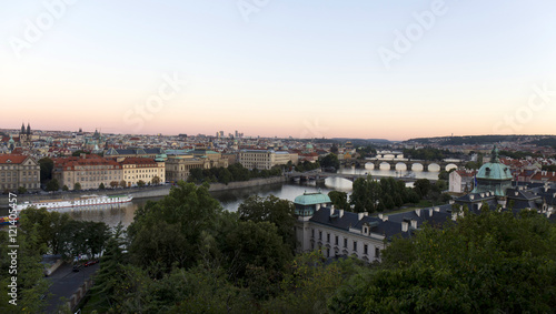 Evening Prague City with its Bridges and Towers above River Vltava  Czech Republic