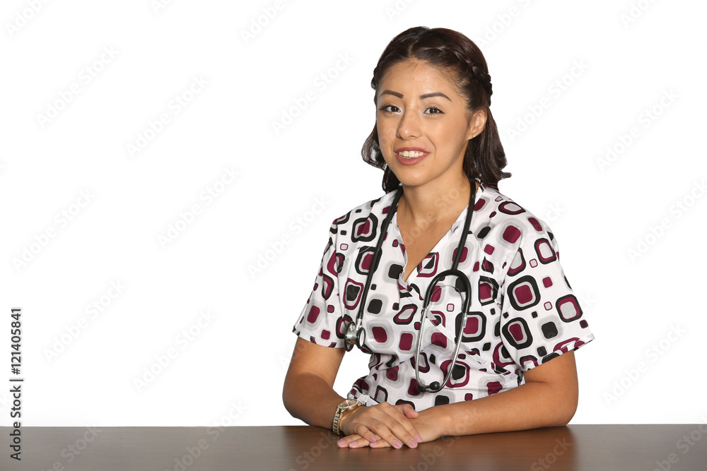 Portrait of multi ethnic nurse against white background with copy space Portrait of multi ethnic nurse against white background with copy space