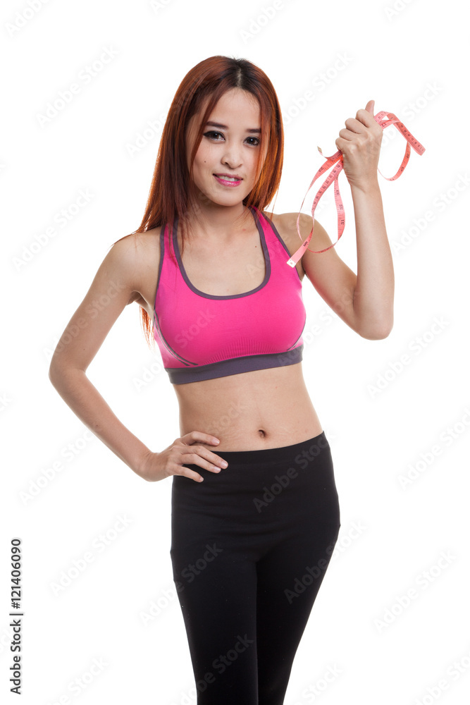 Beautiful Asian healthy girl with measuring tape. Beautiful Asian healthy girl with measuring tape.