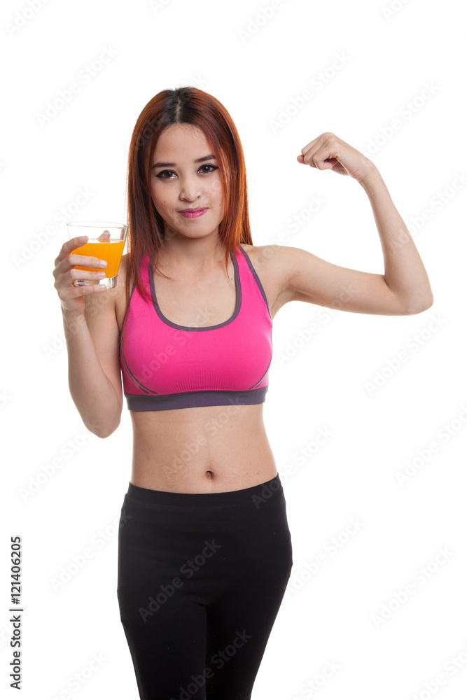 Beautiful Asian healthy girl drinking orange juice flexing bi Beautiful Asian healthy girl drinking orange juice flexing bi