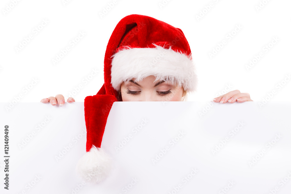 Woman with blank empty banner board. Christmas Woman with blank empty banner board. Christmas