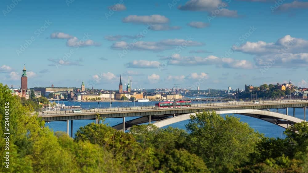 Time lapse of central Stockholm. Bridge Vasterbron is in the foreground Time lapse of central Stockholm. Bridge Vasterbron is in the foreground