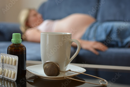 Horizontal view of medicines for ill pregnant woman