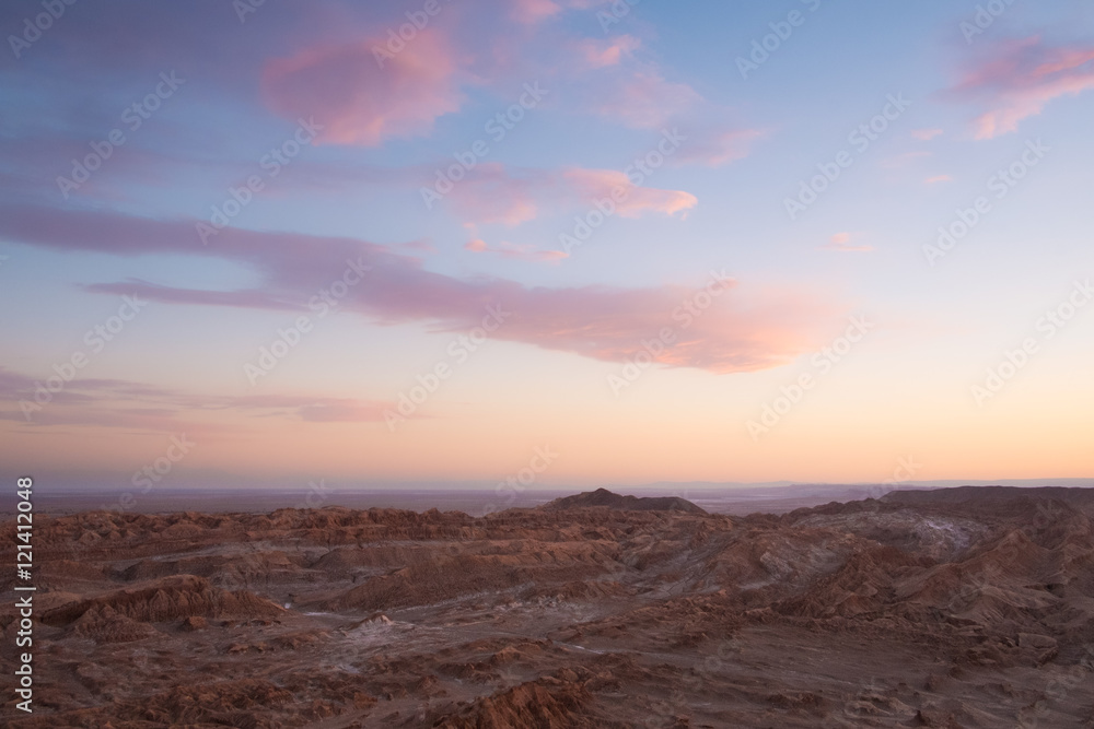 Sunset at dusk looking out over Moon Valley, San Pedro De Atacama, Chile