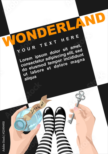 Alice in wonderland. Background.Alice looks at key and potion in the hands. Alice makes the choice. Stock vector, place for  text,  template for design. Wonderland card. Wonderland poster