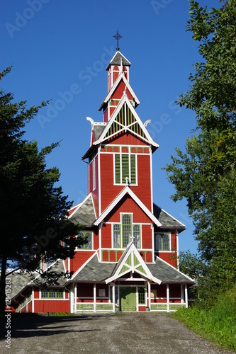 The Buksnes Kirke red church in the Lofoten islands, Norway