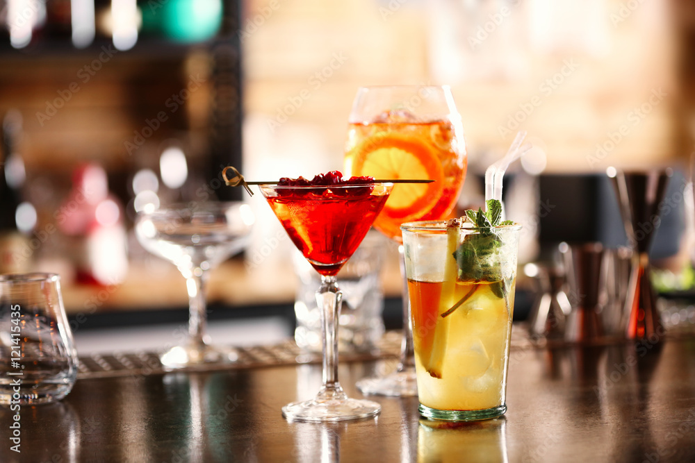 Different drinks on bar counter Different drinks on bar counter