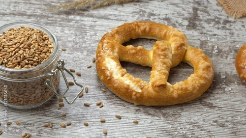 Tabletop view of brezels on the kitchen table. Healthy eating and traditional bakery concept. Prores 4k. photo