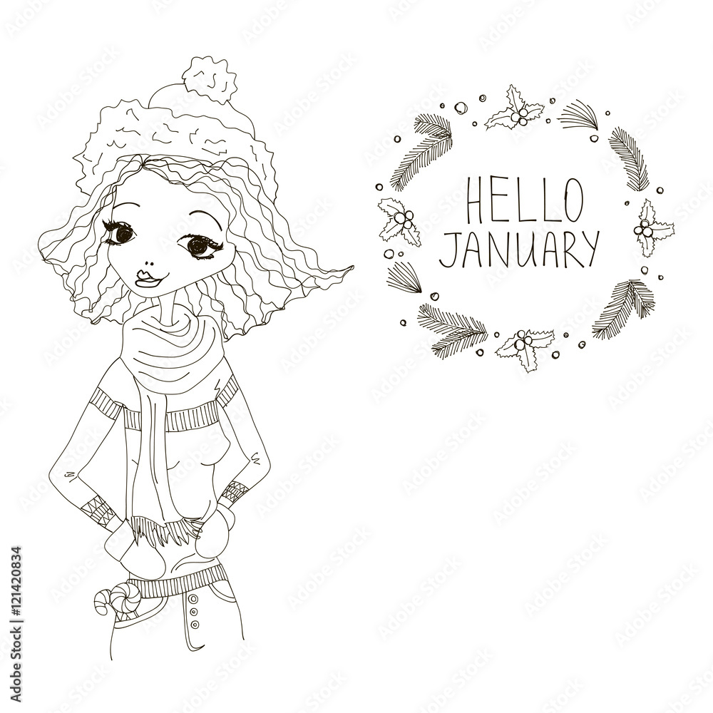 Obraz premium Hello January Black and White Illustration with a Hello January Typography Lettering, Winter Holiday Wreath and a Fashion Girl. Artistic Fashion Hello January Vector Illustration for Print, Blogging