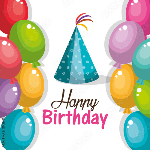 hat blue and balloons happy birthday party graphic vector illustration eps 10