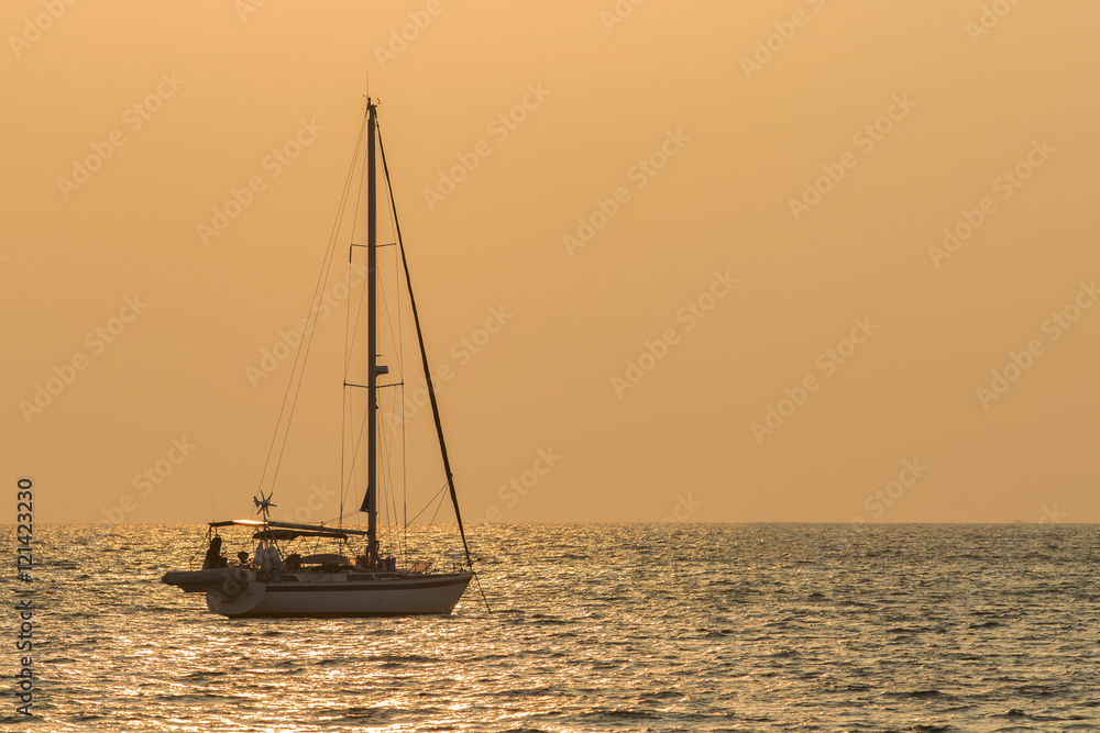 silhouette of sailing yacht boat floating over sun set sky sea , silhouette of sailing yacht boat floating over sun set sky sea ,