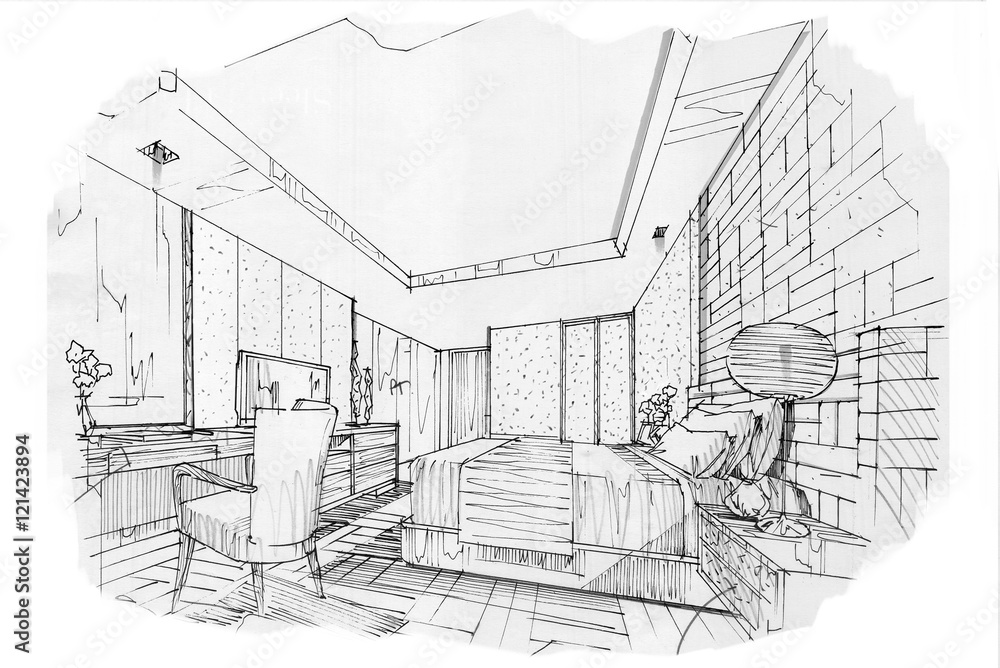 Fototapeta premium sketch interior perspective BED ROOM, black and white interior design.