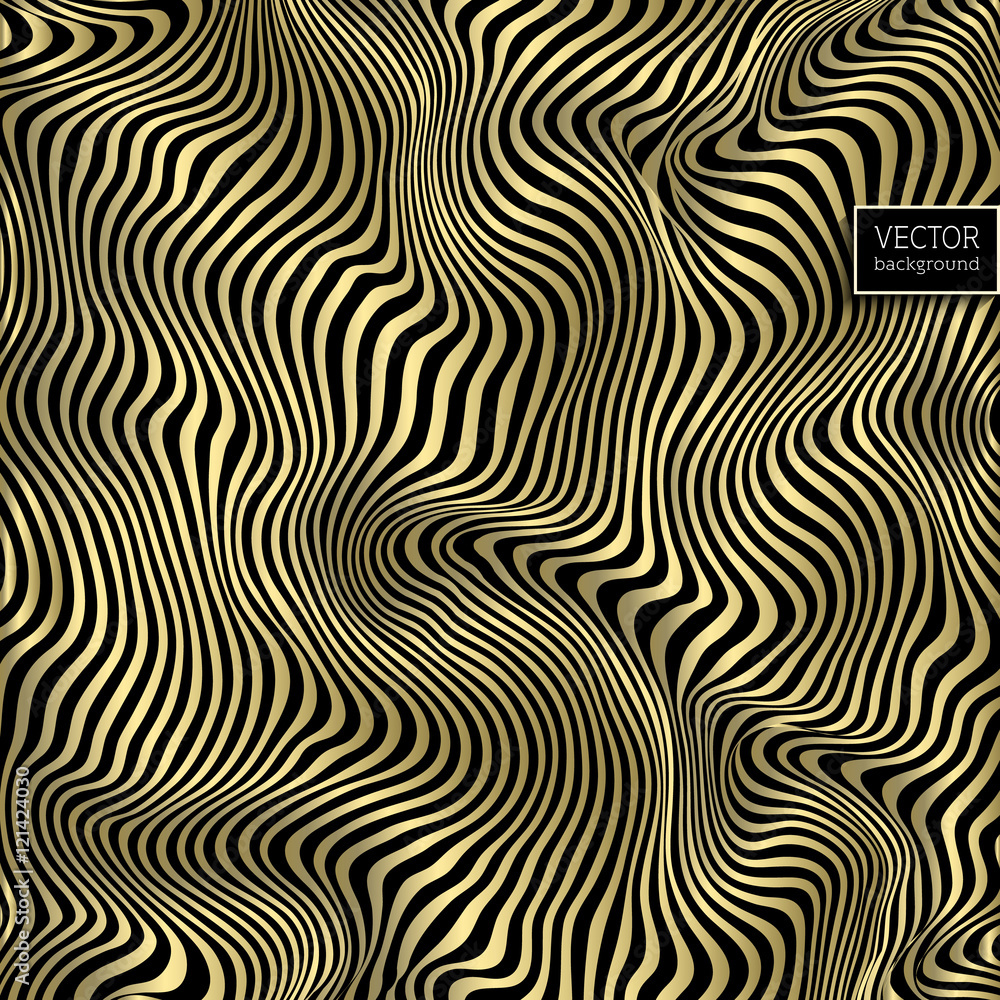 Fototapeta premium Wavy striped vector background. Gold pattern on black. Deformed space. Abstract curved lines. Zebra effect. Vector illustration for your design.