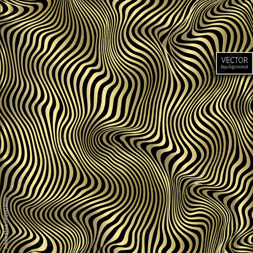 Wavy striped vector background. Gold pattern on black. Deformed space. Abstract curved lines. Zebra effect. Vector illustration for your design.