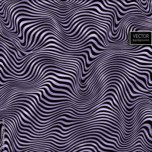 Wavy striped vector background. Violet pattern on black. Deformed space. Abstract curved lines.  Zebra effect. Vector illustration for your design.