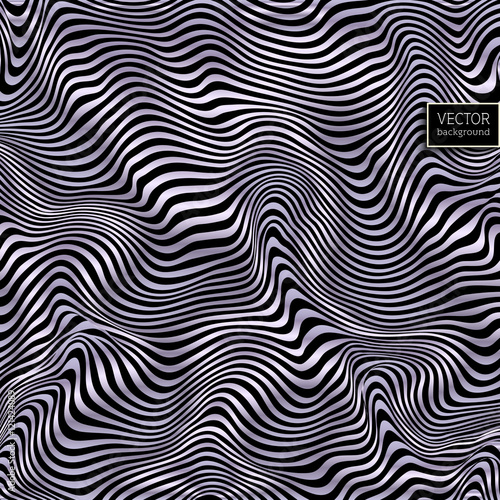 Wavy striped vector background. Violet pattern on black. Deformed space. Abstract curved lines.  Zebra effect. Vector illustration for your design.