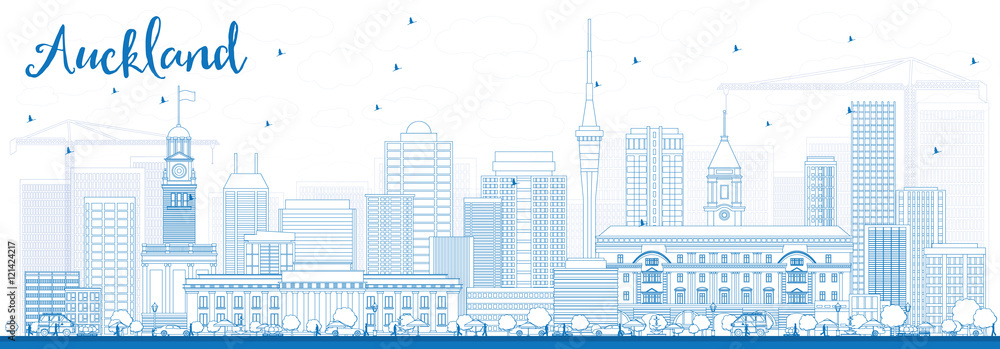 Outline Auckland Skyline with Blue Buildings.