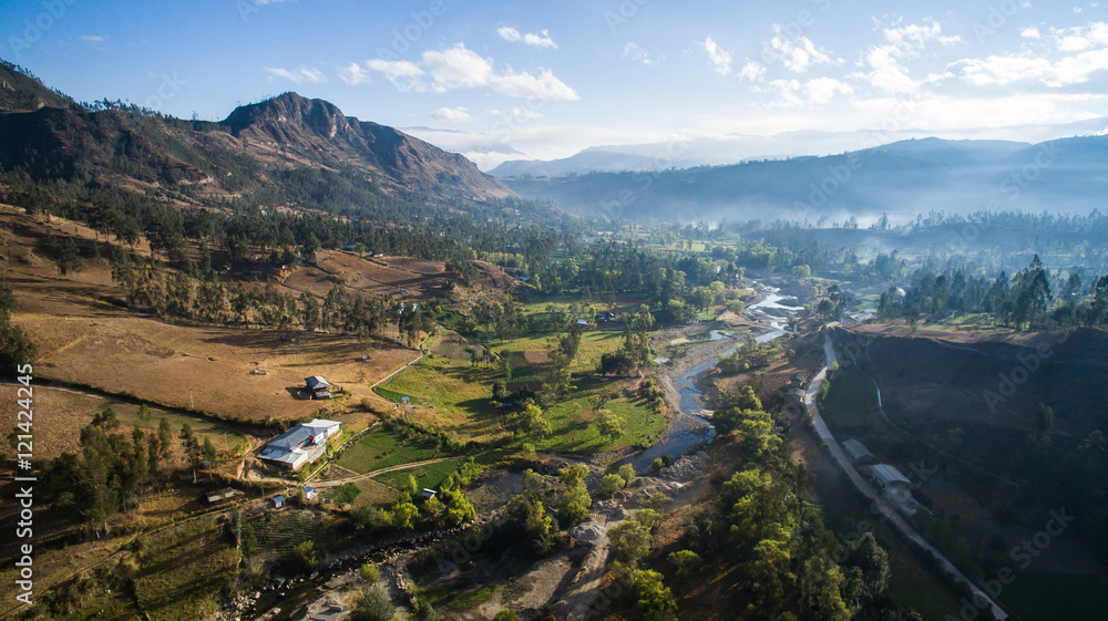 Aerial view of Yaucan valley in Cajamarca, near Conga lake.