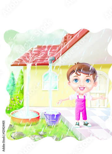 Boy collecting/saving rain ...