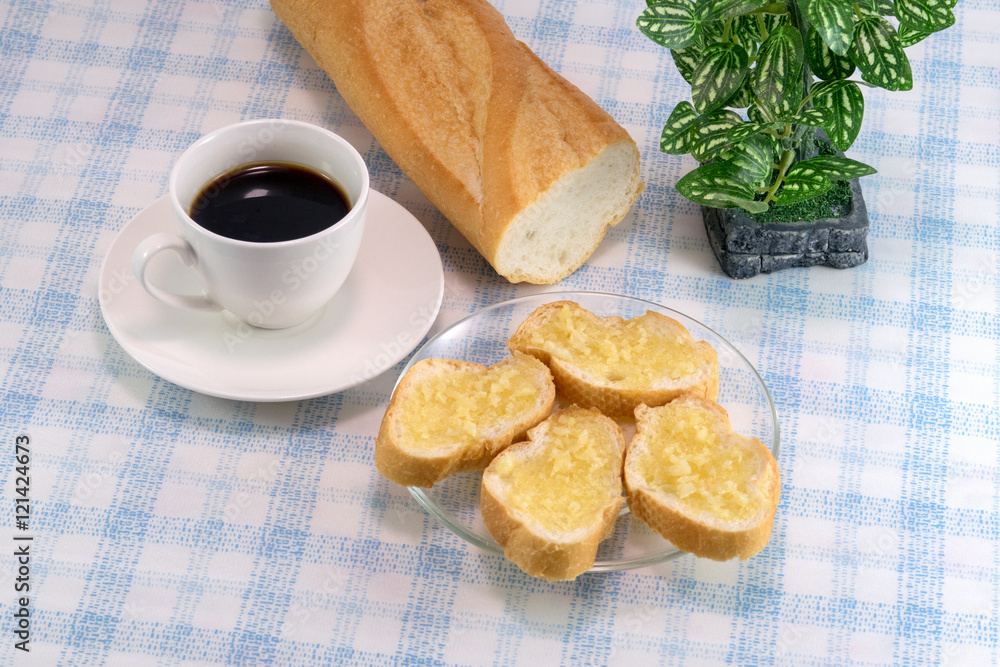 coffee with Garlic and herb bread slices coffee with Garlic and herb bread slices