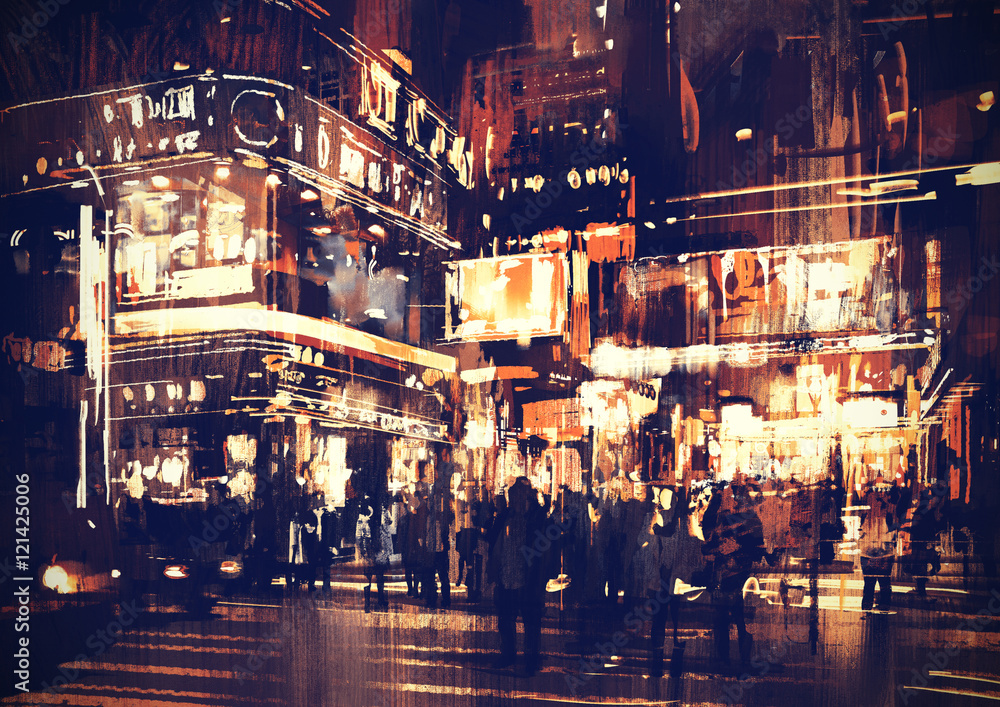 painting of city street at night with colorful lights painting of city street at night with colorful lights