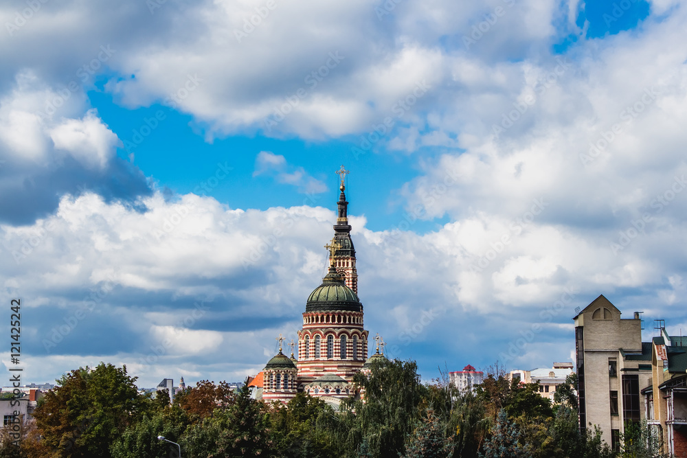 orthodox church against the blue sky with clouds. Kharkiv. Ukraine.